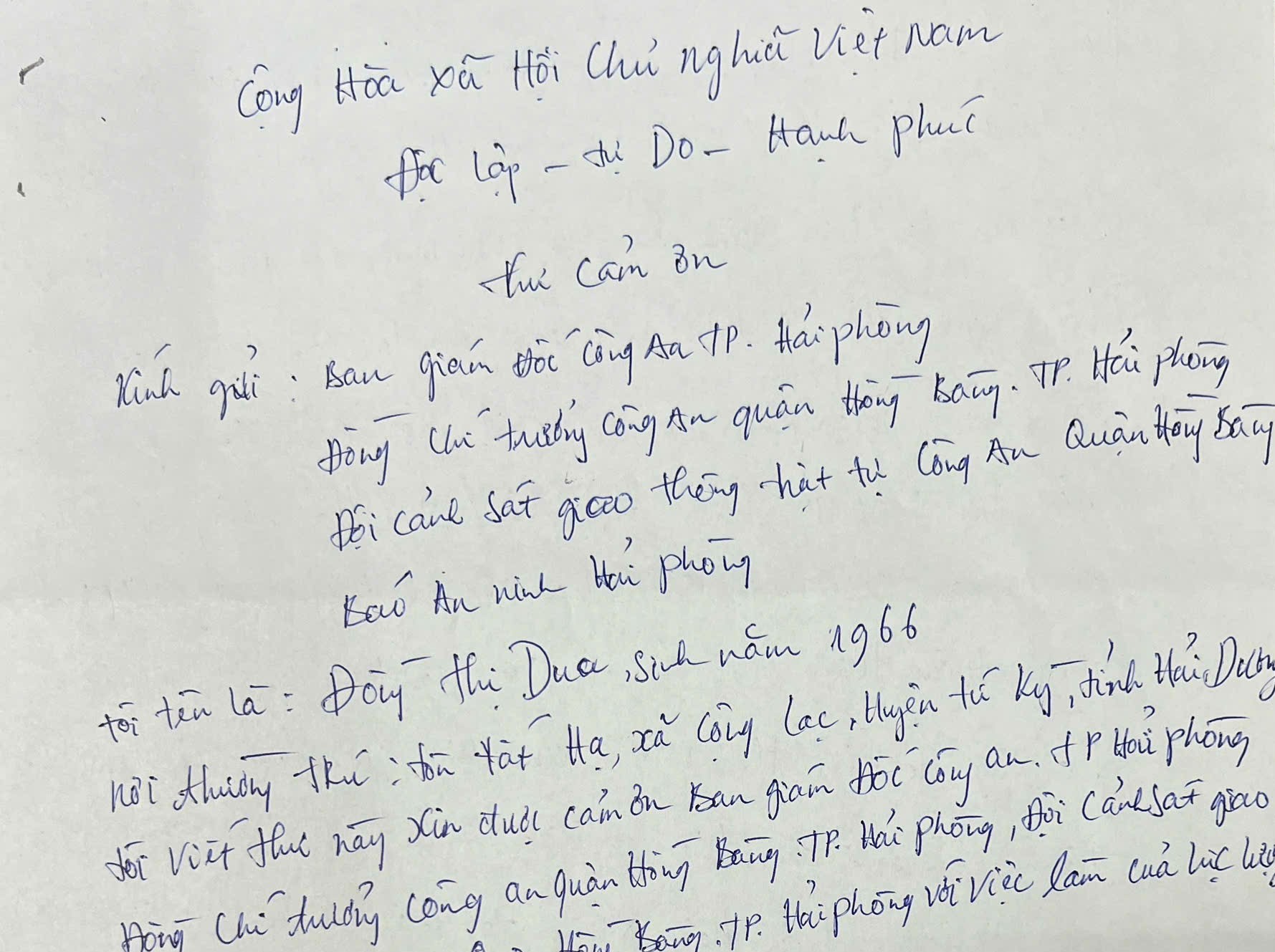 Bà Đồng Thị Dua  gửi thư cảm ơn CBCS Đội CSGT-TT Công an quận Hồng Bàng trả lại xe máy bị mất trộm